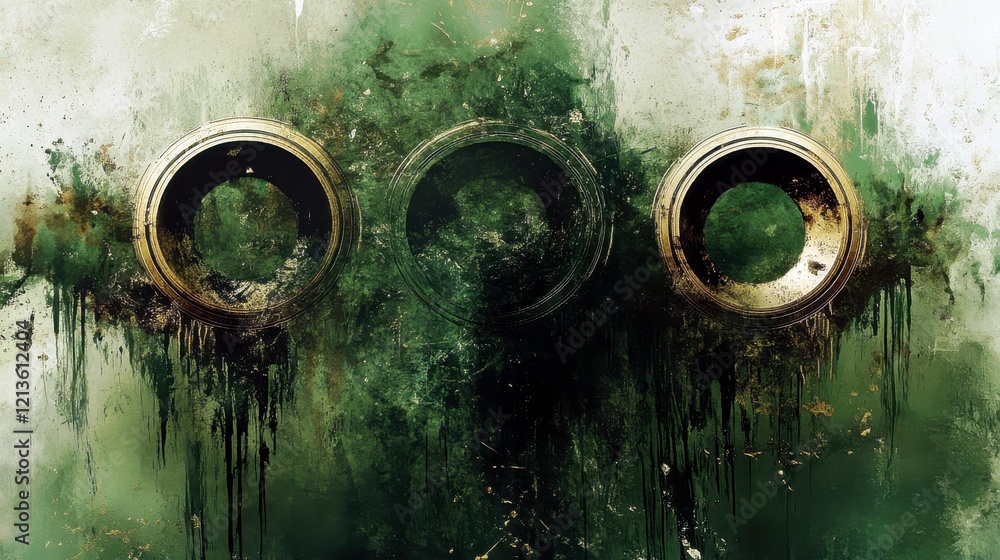 Poster abstract green paint splatter with circular patterns and dripping textures, suitable for creative an