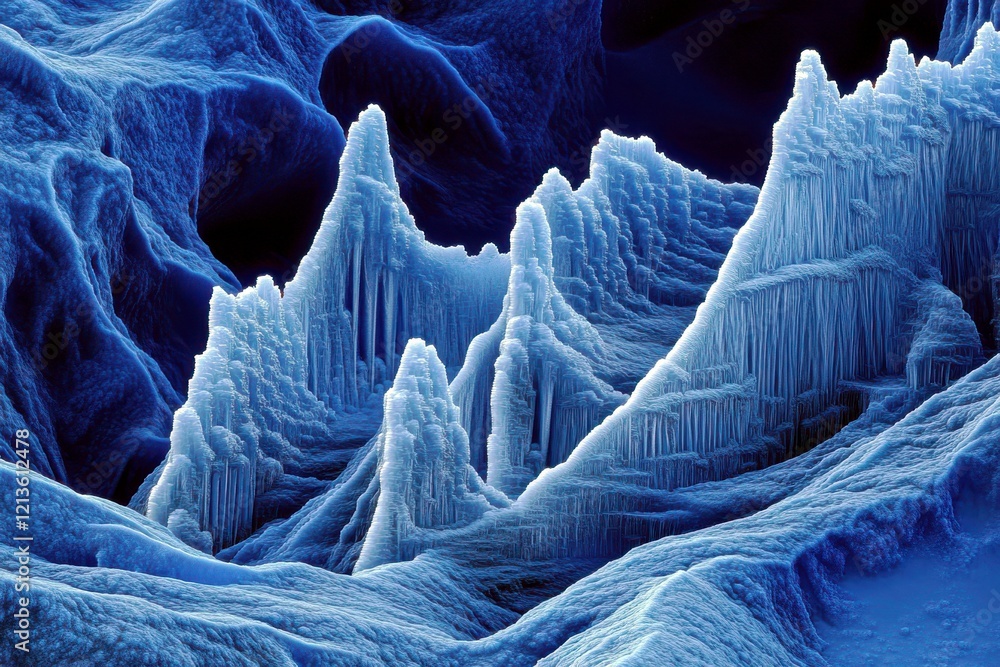 Poster abstract representation of ice crystals under electromicroscopy showing intricate patterns and uniqu