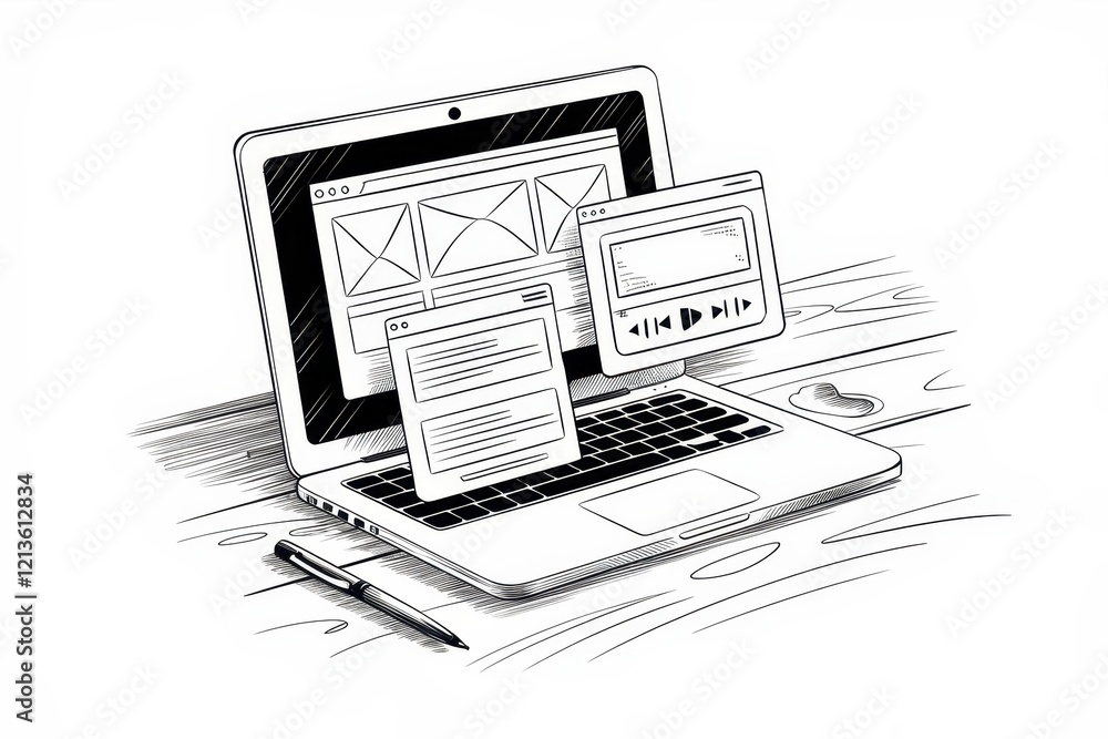 Poster laptop displaying webpages and media player