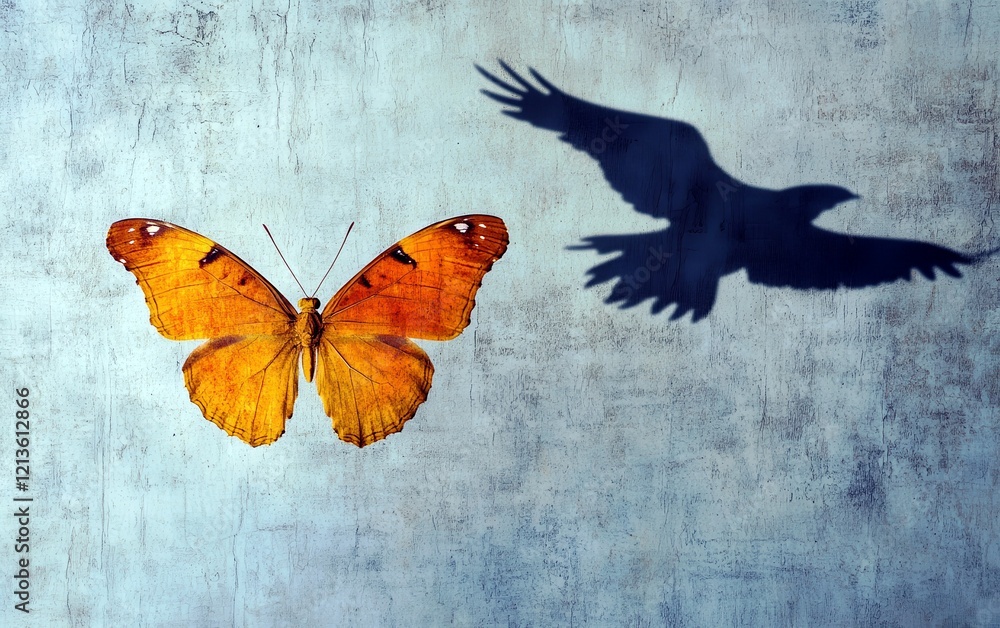 Poster vibrant orange butterfly with shadow of a bird on textured background symbolizing transformation and
