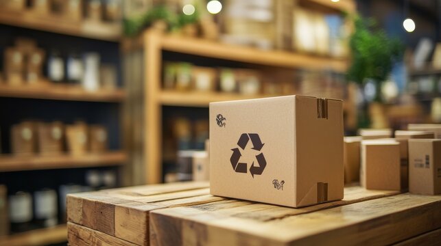 Environmental retail detail, kraft box recycling emblem, wooden merchandising display, store interior perspective, sustainable product showcase, natural material focus, eco-conscious shopping scene,