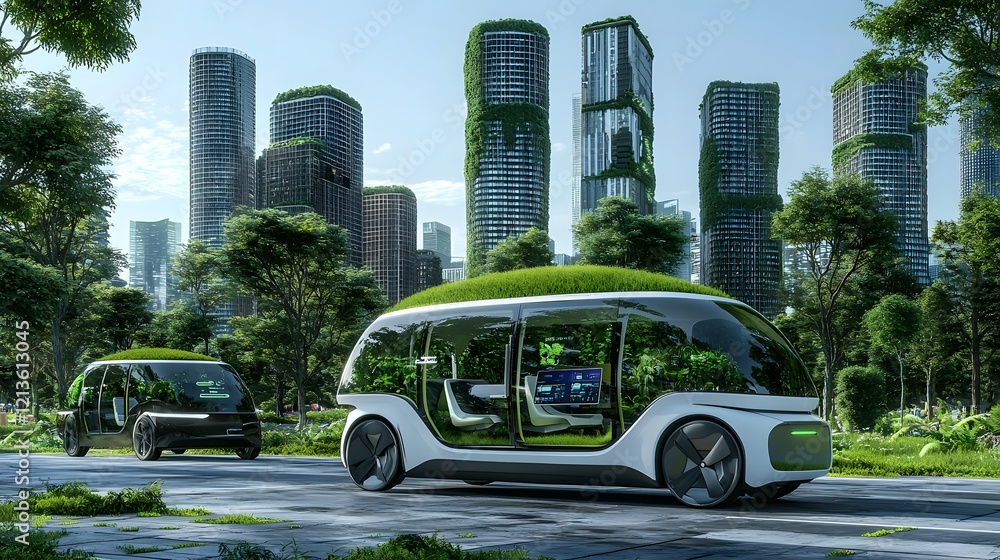 Poster eco friendly future city with sustainable electric transport and smart buildings 3d visualization of
