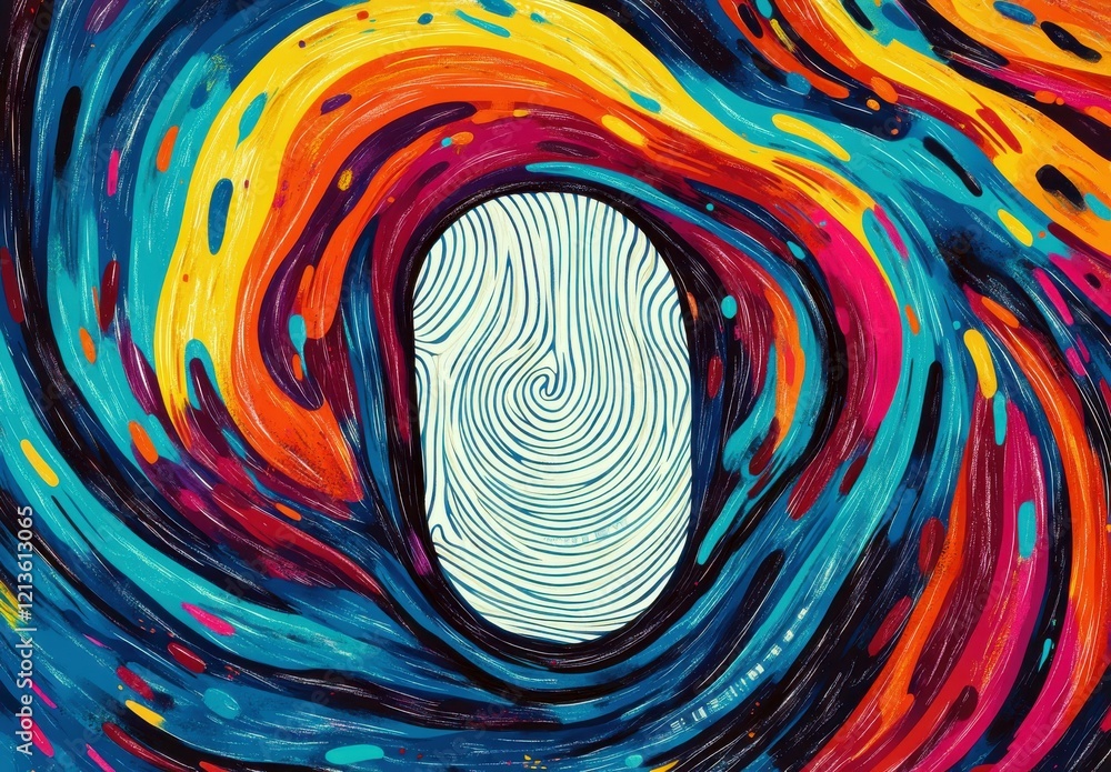 Poster vibrant abstract artwork featuring colorful swirls and fingerprint motif capturing the essence of id