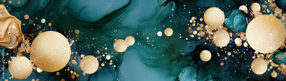 Aufkleber abstract artistic composition featuring golden spheres and bubbles on a rich teal background with fl