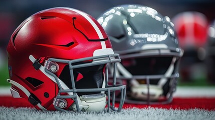 Naklejka premium Red helmet with a white stripe facing a gray helmet in a football stadium at Super Bowl night, illuminated by bright stadium lights, capturing the intense atmosphere of competition and excitement.