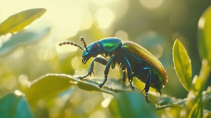 Fototapeta premium Jewel beetle crawling sunlit leaf, garden bokeh, nature poster