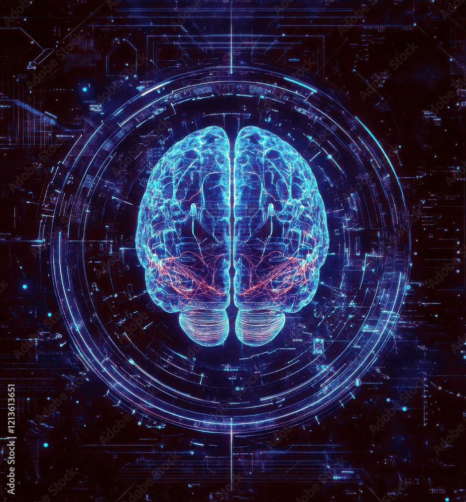 Poster futuristic digital brain concept with neon lights and high-tech background for creative and technolo