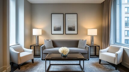 Fototapeta premium Modern city apartment living room, relaxing ambiance, window view, interior design