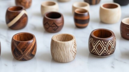 Wooden napkin rings, artisan craft, marble surface, studio shot, home decor