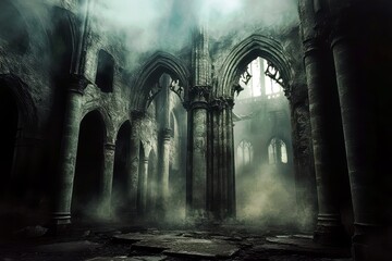 Obraz premium Eerie Abandoned Gothic Ruins with Shadows and Mist Creating a Mysterious Atmosphere of a Forgotten Past in an Old Church Interior