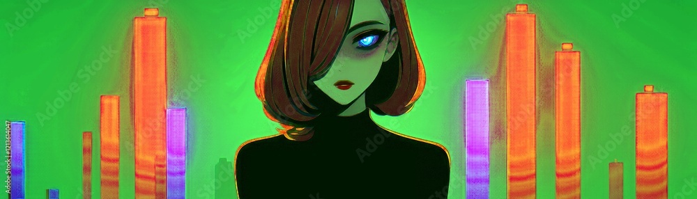 Poster mysterious animated woman with vibrant green background and colorful vertical bars representing abst