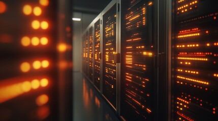 Data center server room, illuminated racks, networking, processing, background lights, technology
