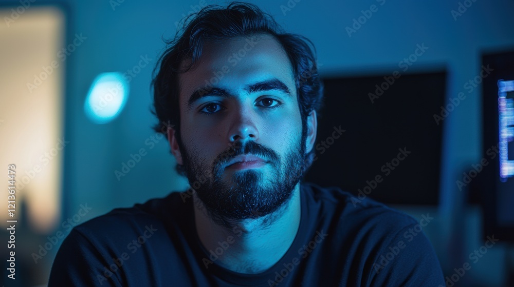 Aufkleber a man with a beard and glasses is sitting in front of a computer monitor. generative ai
