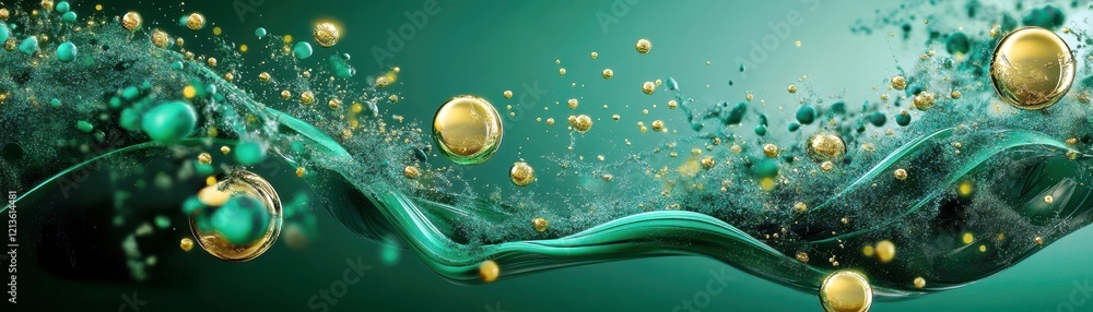 Poster abstract green and gold wave with bubbles and splashes in a dynamic fluid motion concept showcasing 