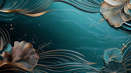 Elegant Abstract Background with Flowing Waves, Golden Floral Elements, and Rich Turquoise Hues for a Modern Design Aesthetic
