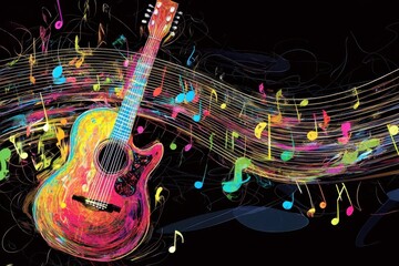 Naklejka premium Colorful Abstract Guitar with Musical Notes and Vibrant Sound Waves Against a Black Background for Artistic and Music Themes