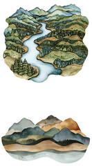 Rivers flowing through lush forests scenic landscape watercolor art nature aerial view serenity and beauty