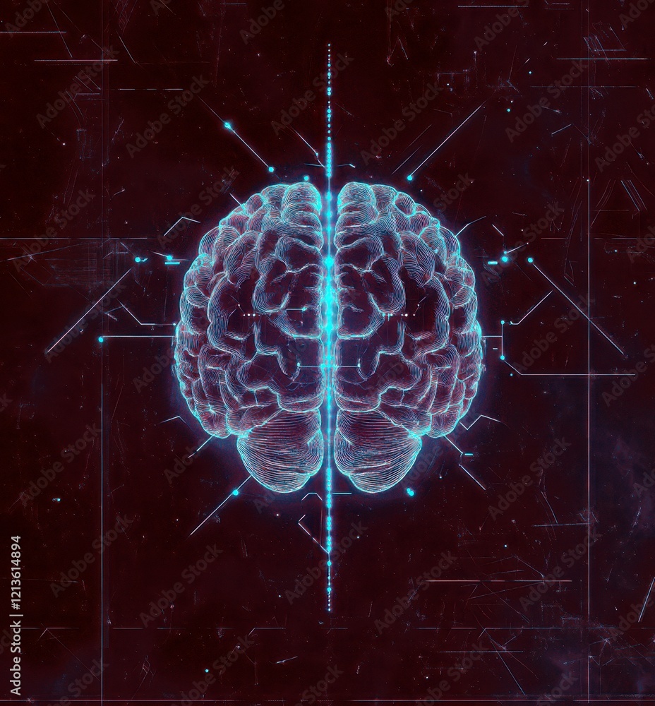 Poster futuristic digital brain illustration with glowing neurons and abstract technology elements in a dee