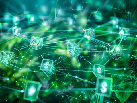 Illustration of An abstract representation of a financial network, with streams of digital money and carbon credits flowing through interconnected nodes, symbolizing sustainable wealth. Ai Generate.