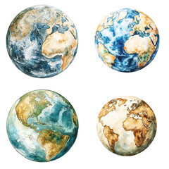 Artistic representation of earth globes various locations watercolor illustrations creative...