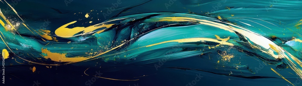 Aufkleber abstract flowing blue and gold waves art with dynamic movement and brushstroke textures expressing c
