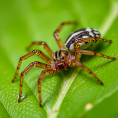 Brown spider sitting on a green leaf on greenish background