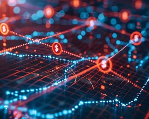 Illustration of An abstract representation of a financial network, with streams of digital money and carbon credits flowing through interconnected nodes, symbolizing sustainable wealth. Ai Generate.