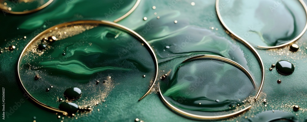 Poster abstract green and gold liquid art with swirling patterns and shiny droplets creating a luxurious an