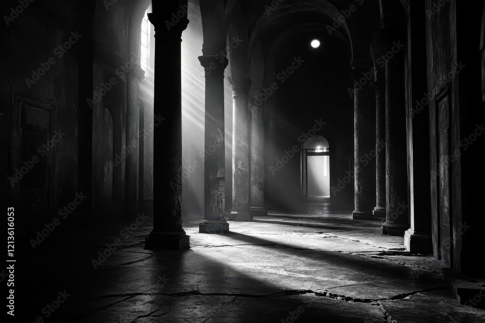 Aufkleber enigmatic light filtering through ancient columns in a dark, abandoned hallway with textured surface