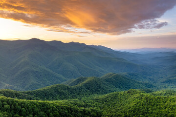 Morning landscape of Mount Mitchell and summer forest on Appalachian mountain hills in North Carolina. Summertime landscape of beautiful nature