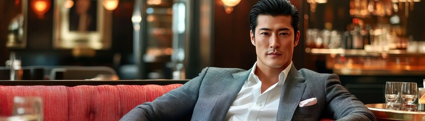 Fototapeta premium Stylish man in elegant restaurant lounge wearing blazer, seated on plush couch with a confident expression, surrounded by sophisticated ambiance and lighting