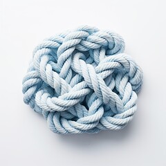 This image features a blue rope knot isolated on a white background, showcasing its thick, twisted form. The knot symbolizes strength, security, trust, and loyalty, suitable for various contexts.
