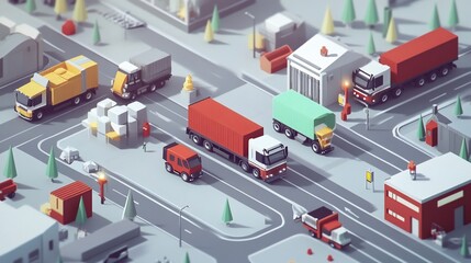 Low-poly city trucks delivery logistics urban background