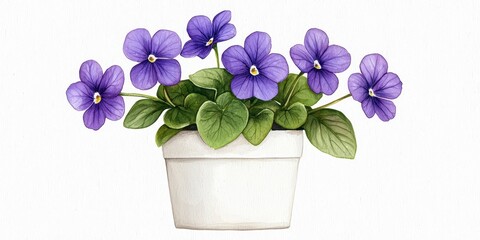 Serene Watercolor Painting of Potted African Violets with Vibrant Purple Blooms and Lush Green Foliage
