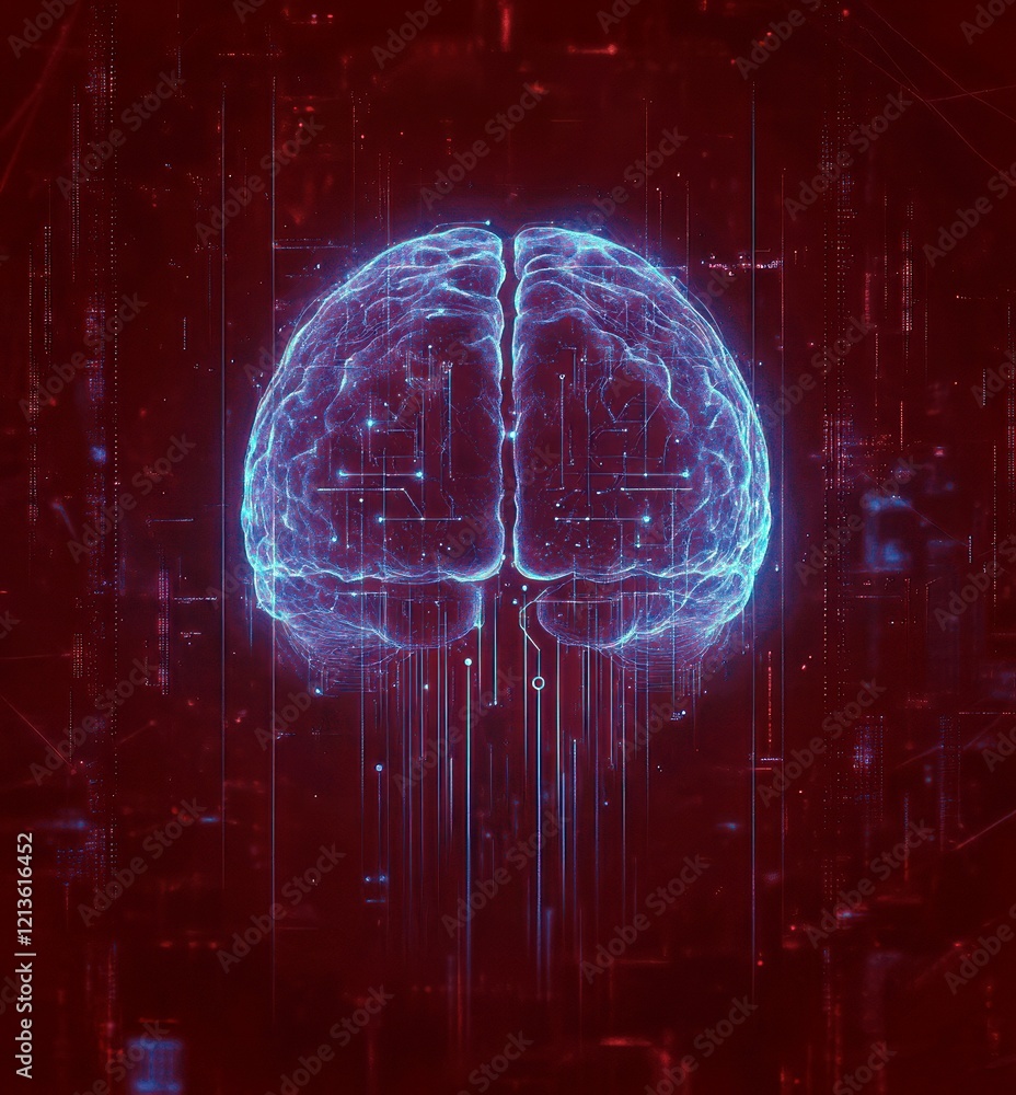 Poster futuristic digital representation of a brain with neural connections and circuit patterns on a red b