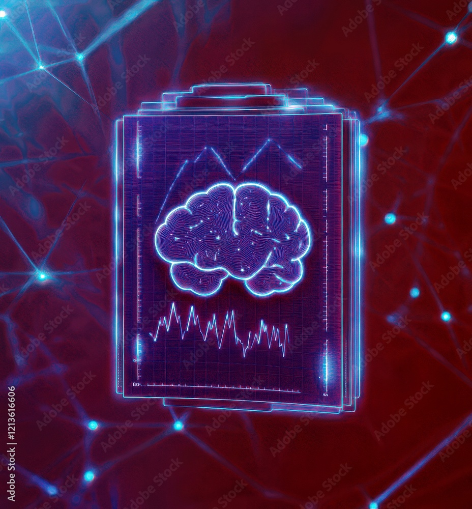 Poster futuristic brain concept with data visualization and graphs representing neural activity and intelli
