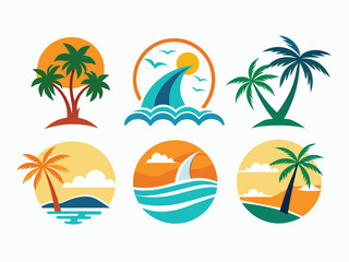 logos with palm trees, suns, waves, and sunset imagery clean shape  E.eps