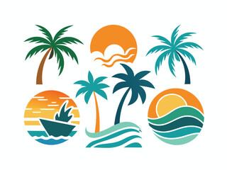 logos with palm trees, suns, waves, and sunset imagery clean shape  G.eps