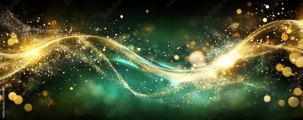 Poster abstract background with shimmering gold and teal waves and bokeh lights creating a dreamy, ethereal