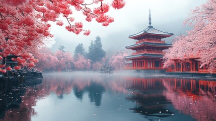 Obraz premium Misty Japanese pagoda, cherry blossoms, spring, serenity, reflection, travel poster