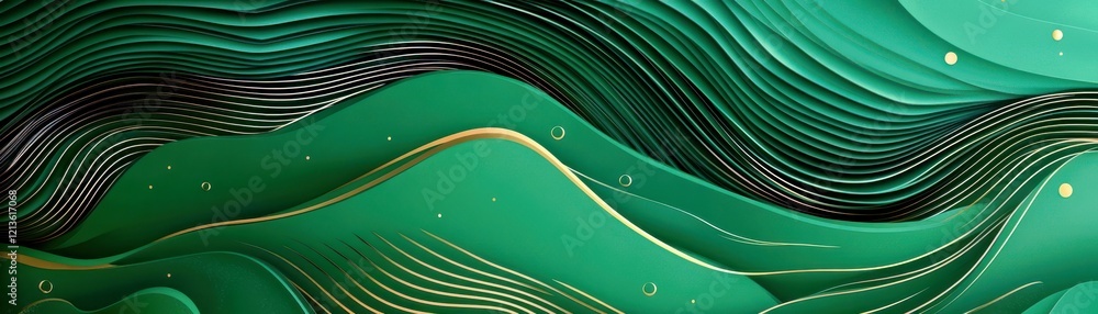 Poster abstract green paper cut waves with flowing lines and soft texture in a dynamic and serene compositi