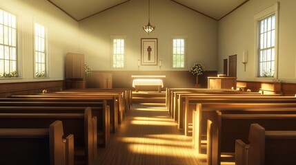 Sunlit Chapel Interior Peaceful morning light streams through windows illuminating wooden pews, altar, and cross; ideal for faith, serenity, or memorial themes