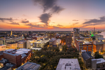 Old historical city Savannah in Georgia. Southern USA cityscape at sunset