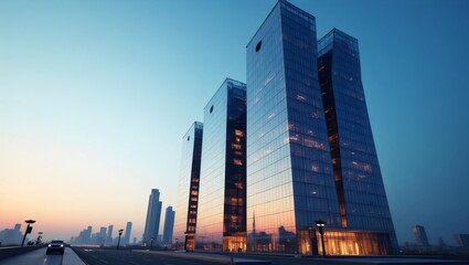 Obraz premium Modern Glass Skyscrapers at Dusk Cityscape Architecture Evening Skyline