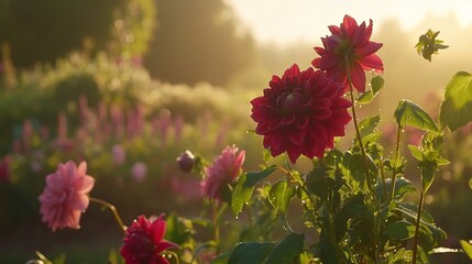 Sunrise Dahlias, misty garden, floral farm, blooming