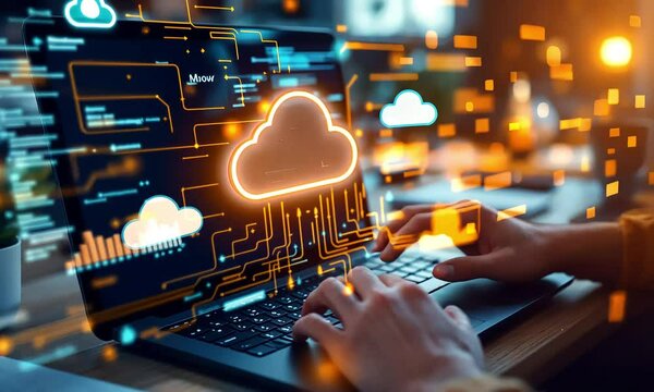 Person using laptop with cloud computing interface