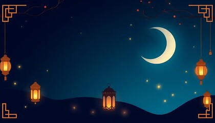 Naklejka premium Festive Ramadan Night Scene With Lanterns and Crescent Moon