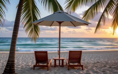 A tranquil beach scene at sunrise with two wooden lounge chairs positioned under a white umbrella.