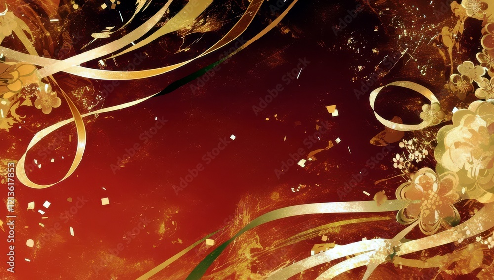 Poster elegant abstract background with golden swirls and floral elements on rich red canvas for stunning v