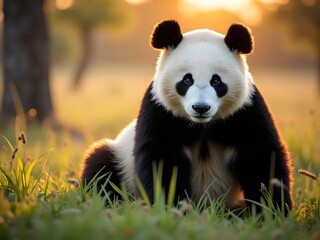 Obraz premium Panda Sitting in Grass at Sunset with Golden Light in Natural Setting outdoors